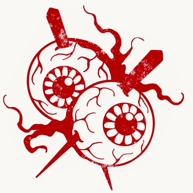 eyeballs pierced with chopsticks dark red logo